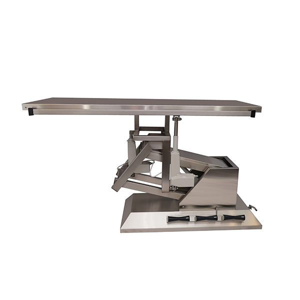 Surgery table with 3-way tilting, wheels and one evacuation tray