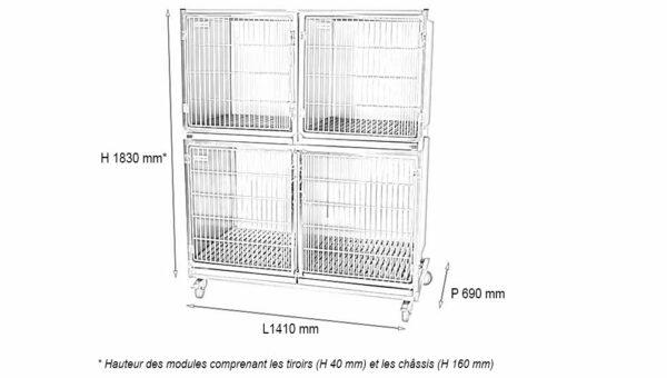 Ensemble 3 cages inox : 1C+2B porte grille inox + séparation + 1 chassis à roulettes