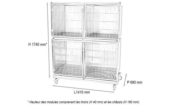 Ensemble 3 cages inox : 1C+2B porte grille inox + séparation + 1 chassis à roulettes