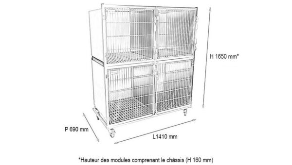 Ensemble 3 cages inox : 1C+2B porte grille inox + séparation + 1 chassis à roulette - SANS TIROIRS