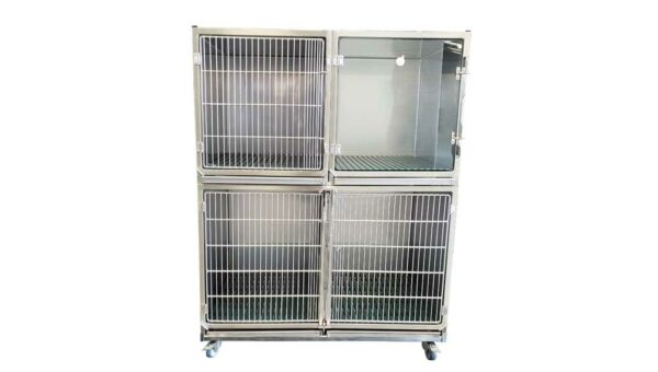 Ensemble 3 cages inox : 1C+1B porte grille inox +1B porte en verre trou O² + séparation + 1 châssis à roulettes