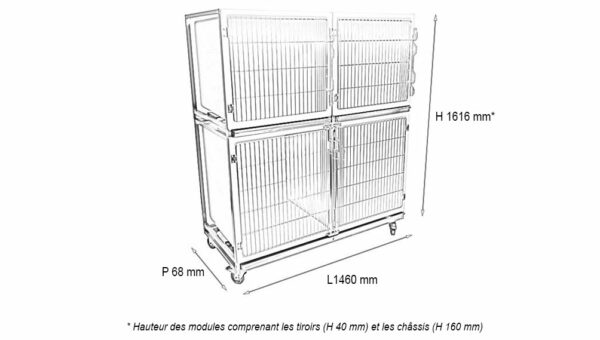 Ensemble 3 cages polyester : 1C+2B porte grille inox+ séparation + 1 chassis à roulettes