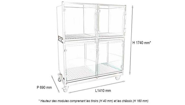 Ensemble 3 cages inox : 1E+2D porte grille inox + séparation + 1 châssis à roulettes