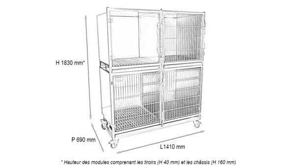 Ensemble 3 cages inox 1C+1B porte grille inox +1B porte en verre + séparation + 1 châssis à roulettes