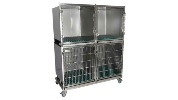 Ensemble 3 cages inox : 1C porte grille inox +2B porte verre + séparation + 1 châssis à roulettes