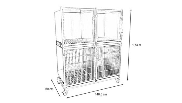 Ensemble 3 cages inox : 1C porte grille inox +2B porte verre + séparation + 1 châssis à roulettes