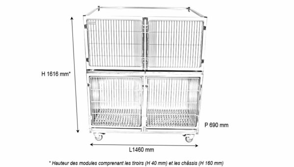 Ensemble 2 cages polyester : 1C+1 double B porte grille inox+ 2 séparations + 1 chassis à roulettes schema